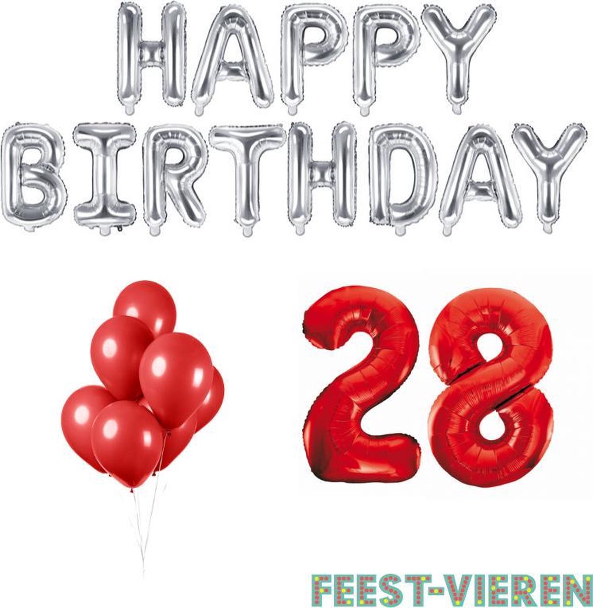 28 jaar Verjaardag Versiering Ballon Pakket Rood & Zilver