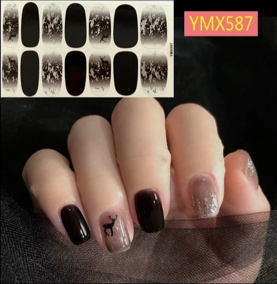 Nagel art sticker met rendier kerst zwart zilver