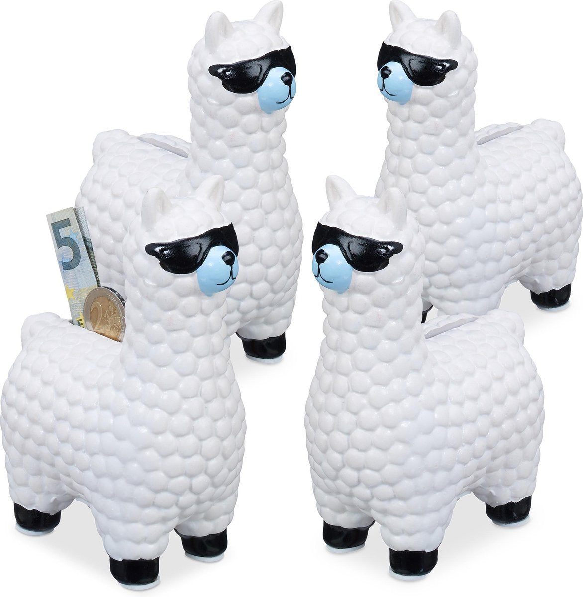 relaxdays 4 x Lama spaarpot - zonnebril - alpaca spaarpot - spaarvarken - wit - keramiek