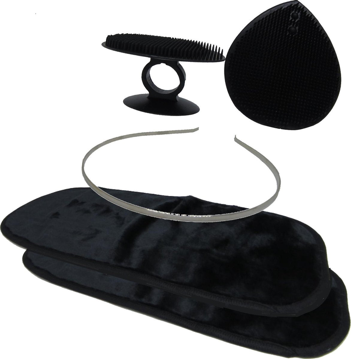 B&P  Make up remover set Black velvet - 5 stuks - 2 make up remover doekjes - 2 wet & dry brushes - 1 diadeem  - silicone - gezichtsreiniger -  baby bad borstel - scrub - wattenschijfjes