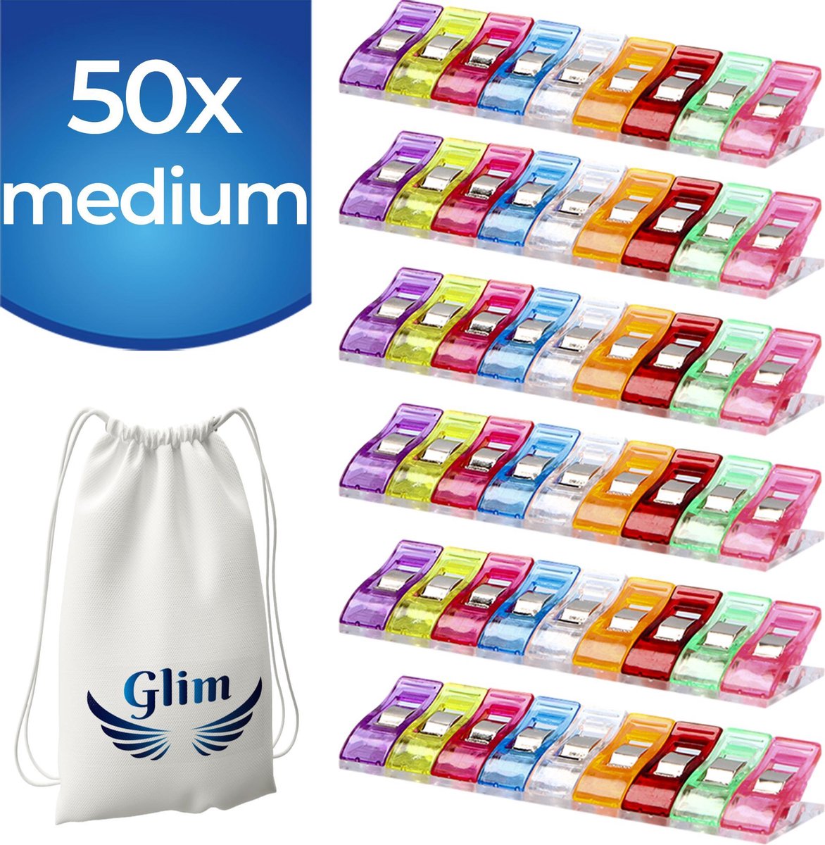 Glim® Originele Wonderclips - Medium - Wonder clips - Kleine knijpertjes - Vervanging voor spelden - Naaien - 50 stuks - INCLUSIEF Opbergzak