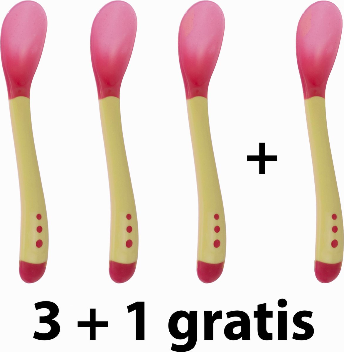 Huntex Kunstof/Siliconen Babylepels - Met Temperatuurindicator - Babybestek - Rood/Geel - 4 Stuks