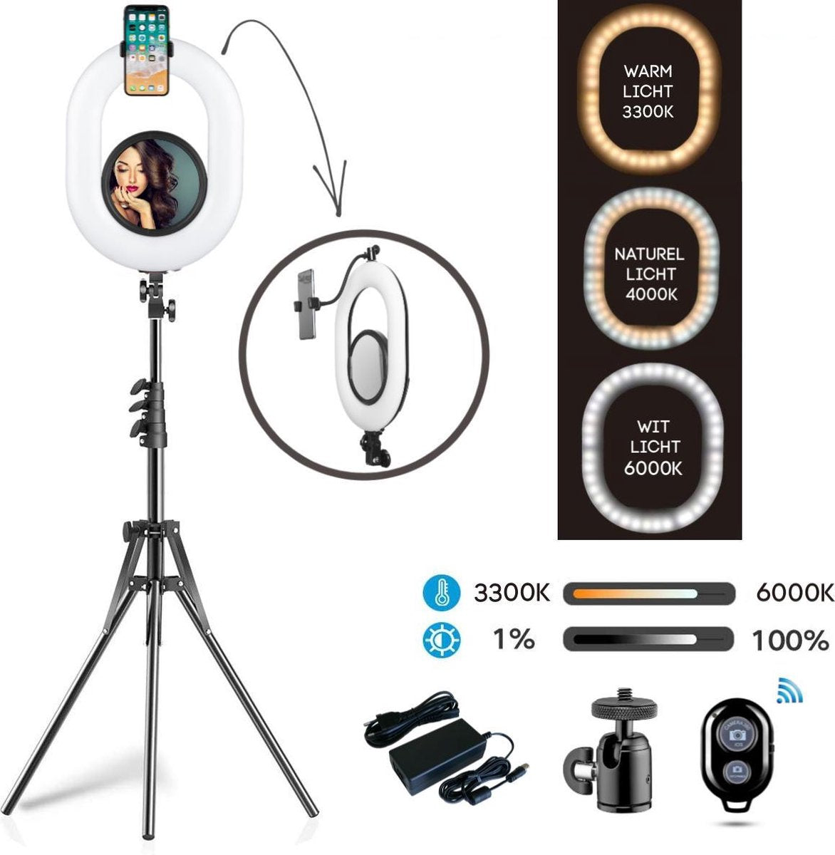 LURK® Ringlamp Ring Of Light Oval Excellence - Professionele LED ringlamp set compleet met statief en touch screen spiegel - Ring Lamp traploos dimbaar 3300 tot 6000K – fotostudio en beauty licht – Voor camera en smartphone