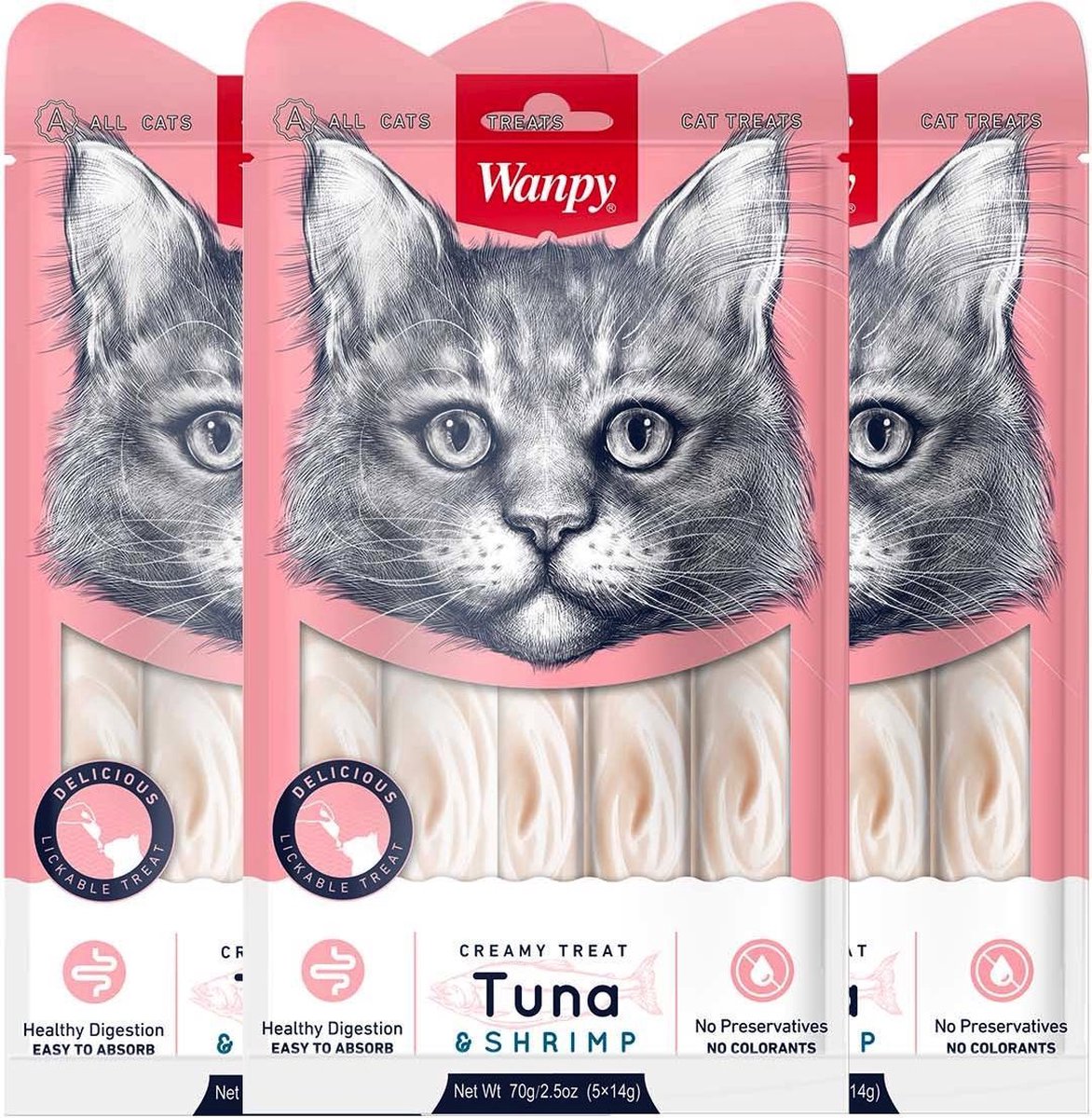 Wanpy - Creamy Lickable Treats Tonijn en garnaal - Voordeelbundel van 3 zakjes - Kattensnack