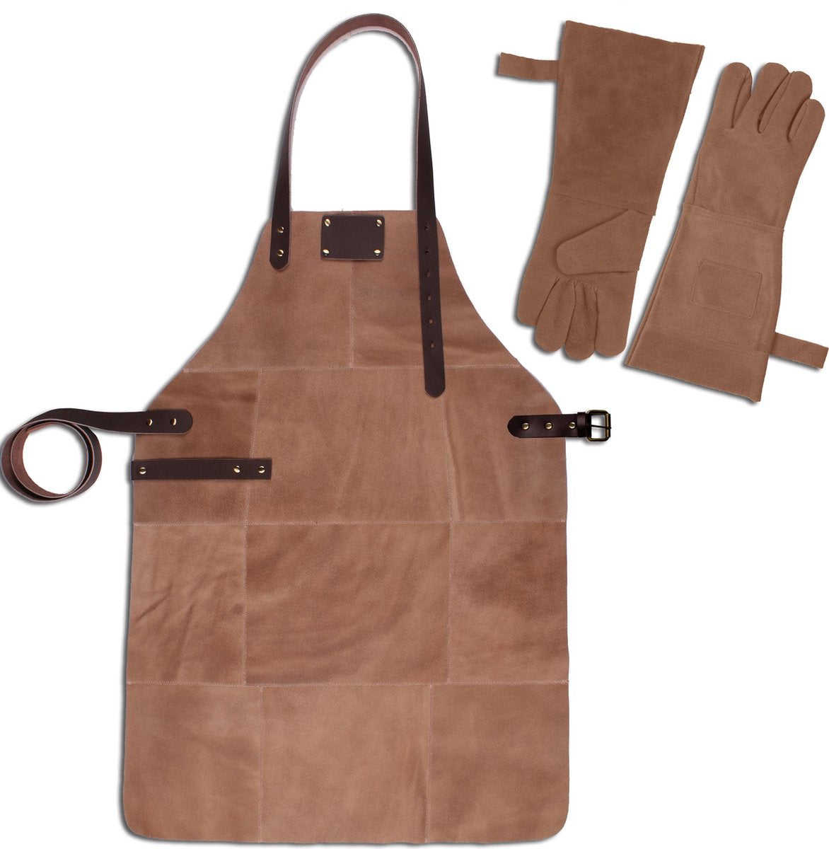 Leren Schort + Leren Handschoenen - Lederen Schort – BEIGE - Kokschort - BBQ Schort - Kookschort - Vaderdag - 81 cm x 56 cm Inclusief Handschoenen voor de Barbecue