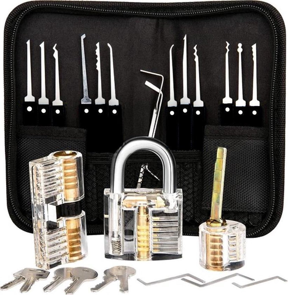 Lockpick Set Premium Zwart met 3 sloten - Lockpicking Voor Beginners En Gevorderden - Oefenslot - 2021 Versie + Gratis Handleidingboek - Sloten - Slot - Vaderdag Kados - Vader Cadeautjes - Vaderdag Tip