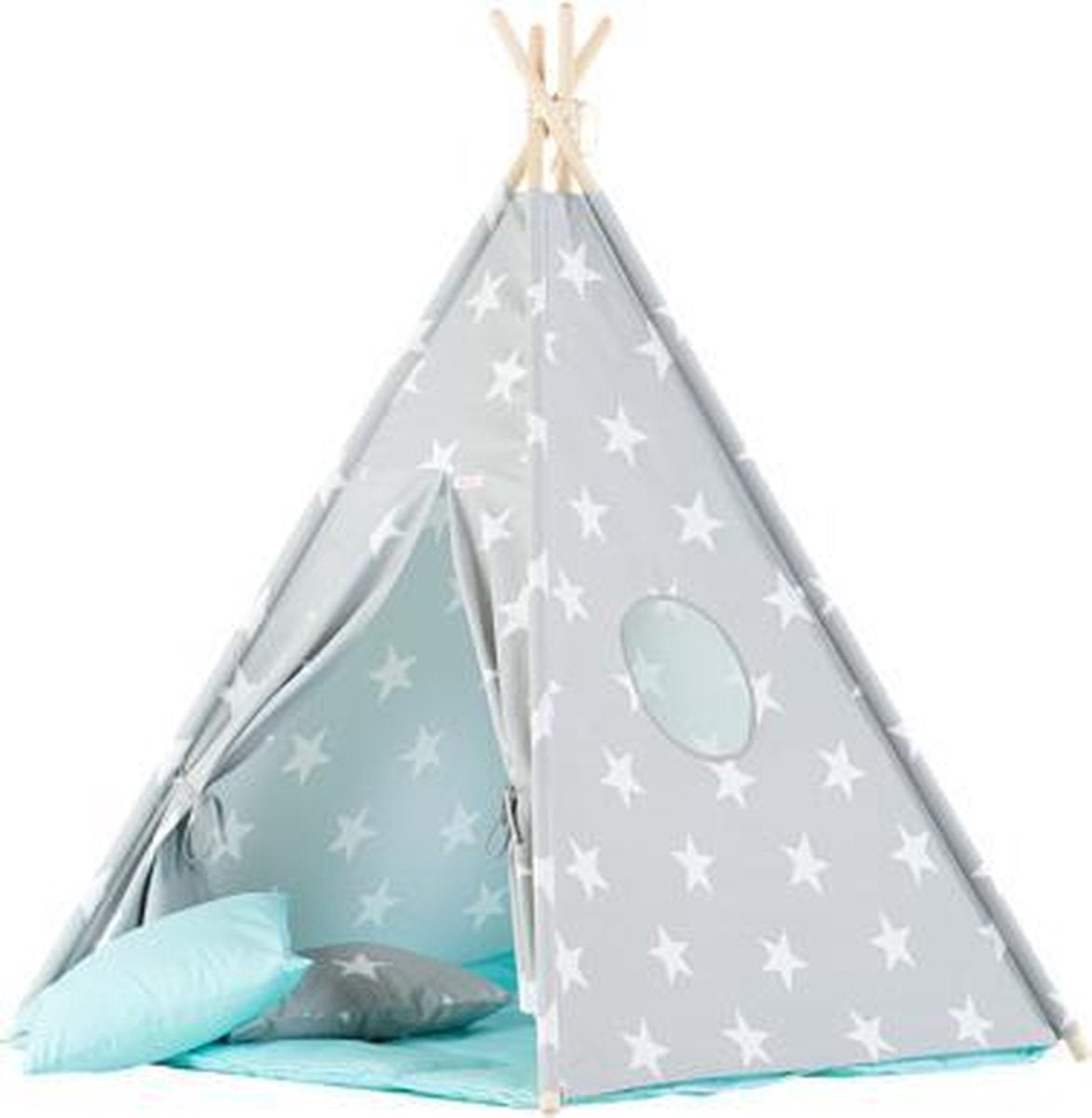 Tipi Tent / Speeltent Kinderkamer Stars Grey met Blauwe speelmat - Speeltent voor Kinderen - Kindertent - Indianentent - Wigwam 100x100x120cm