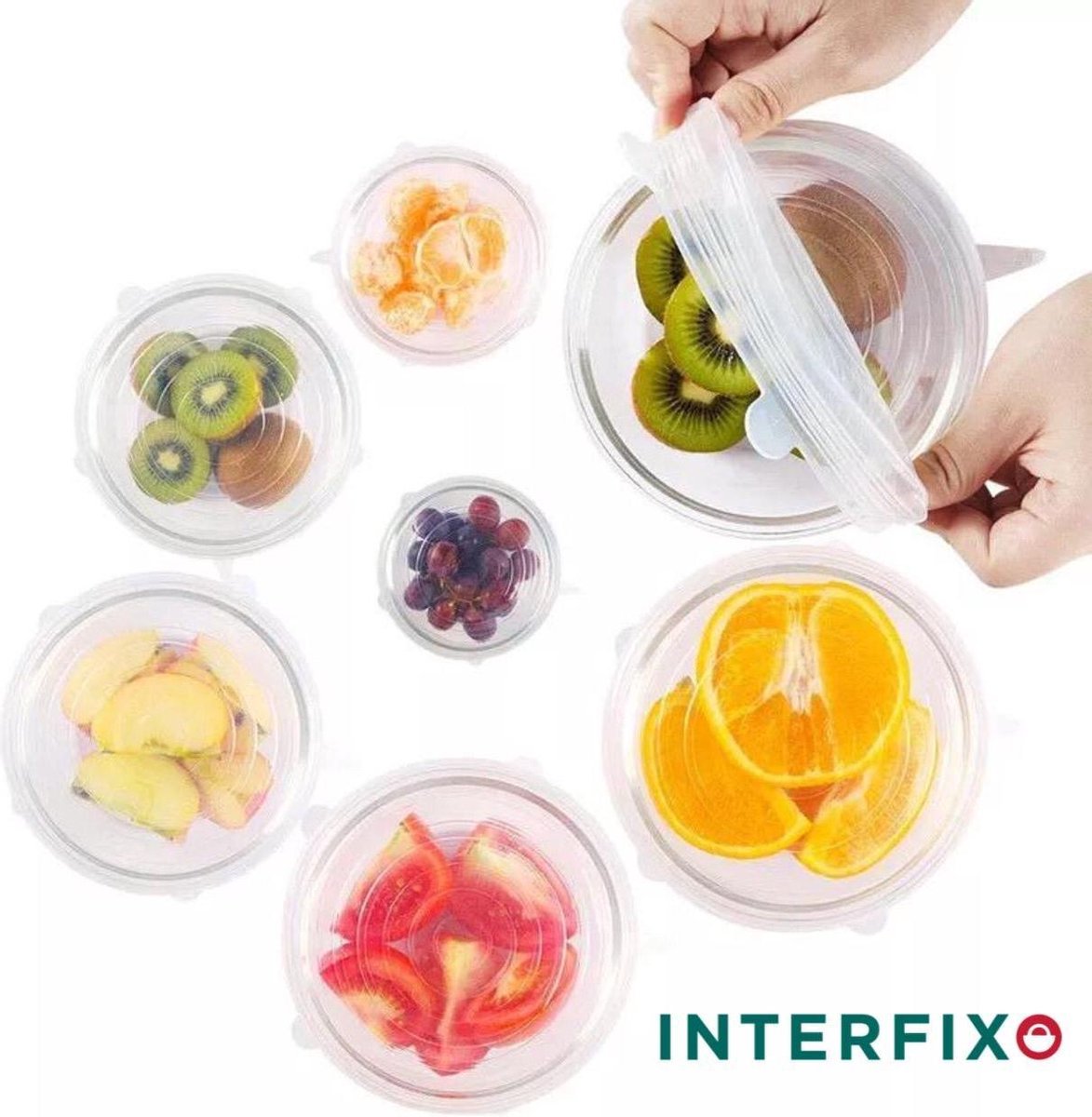 Interfixo Herbruikbare Kitchen Siliconen Afsluitdeksel - 6 Verschillende Maten  - |Dekselhouder | Rekbaar Vershoud Deksel |  Stretch  Vershouddeksel | Versdhoudfolie