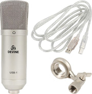 De Devine USB-1 is een plug-and-play studiomicrofoon. Hij is compact genoeg om een plekje te vinden in iedere tas. Met zijn ingebouwde audio-interface bent u altijd klaar voor opname. De USB-1 is zeer geschikt voor vocalen.