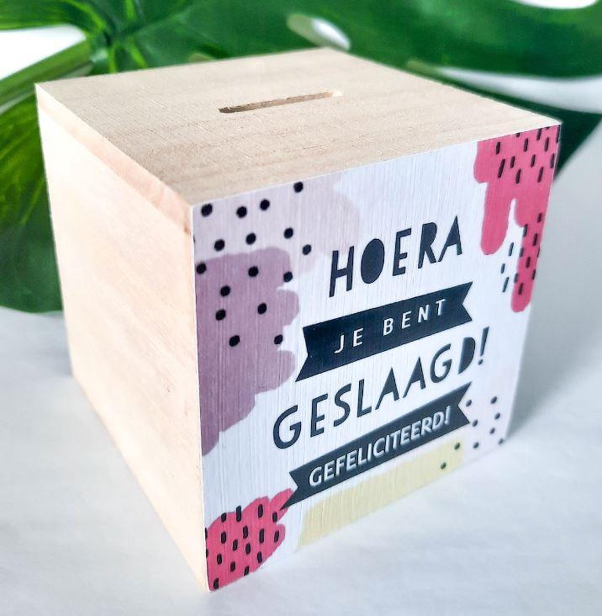 Houten spaarpot | Geslaagd| Diploma| Eindexamen| School| Cadeau | Geld | Sparen | Cadeautip | Roze
