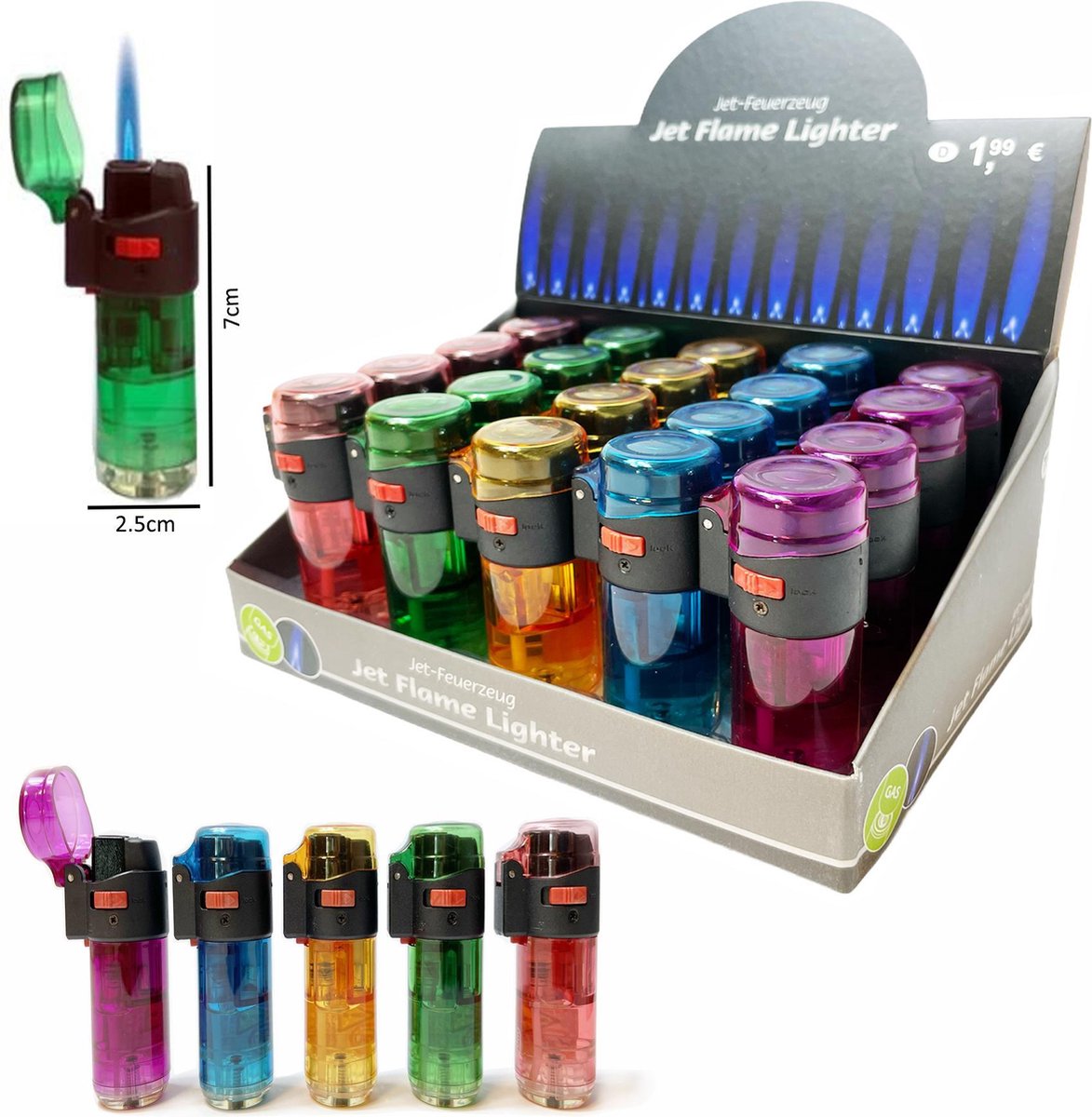 Jet Flame transparant aanstekers - Storm aansteker - Turbo aanstekers - Display van 20 stuks -Navulbaar