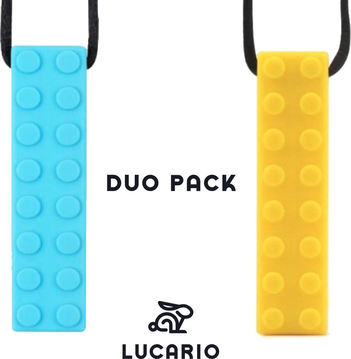 Bijtketting - Kauwketting | Lego bouwblokje patroon DUOPACK Blauw - Geel