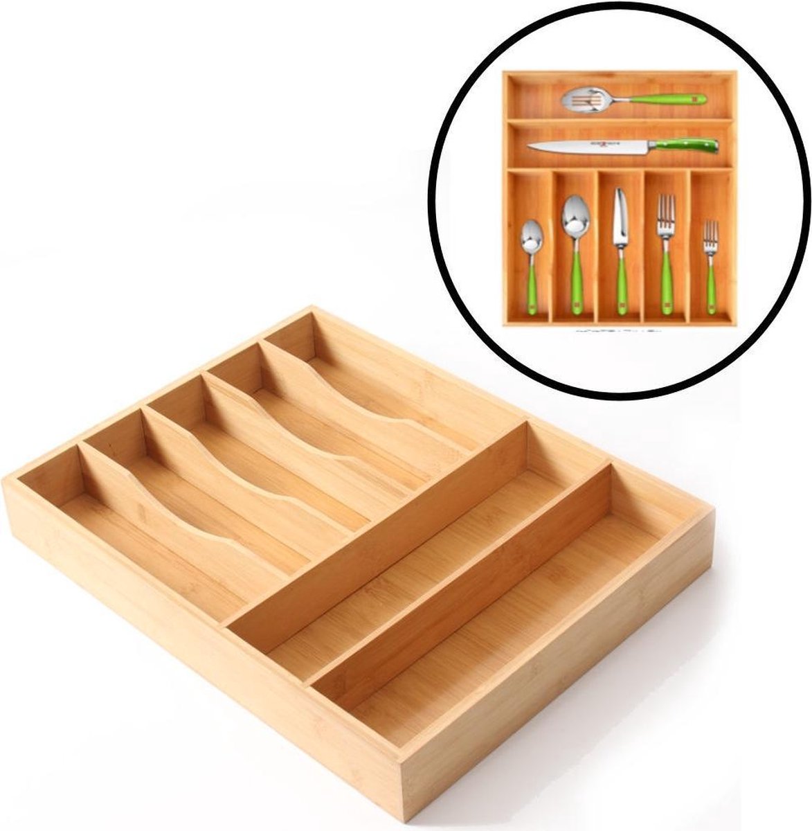 Decopatent® Bestekbak voor keukenla met 7 Vakken - Bestek organizer - Bestekla - Hoogwaardig Bamboe Hout - Bestekcassette 45x35x6