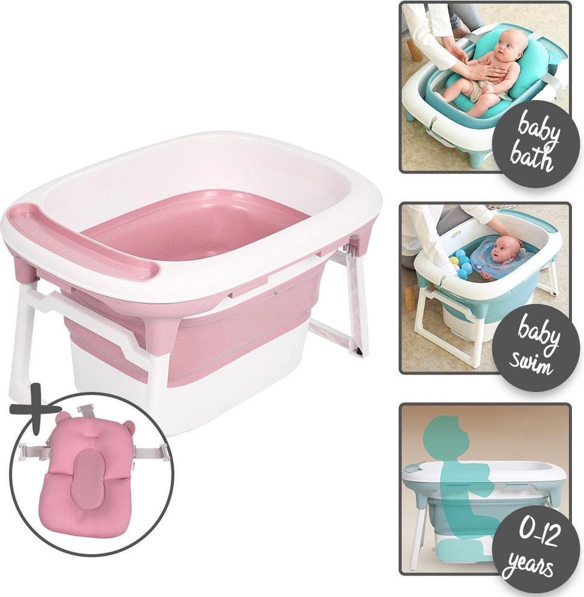 Baninni 3-in-1 Opvouwbaar Meegroeibad + Badkussen Bagno 0 – 12 Jaar Roze