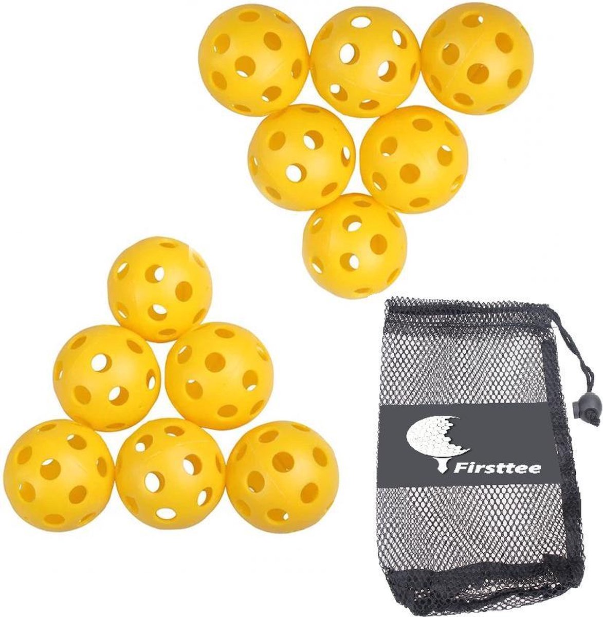 Firsttee - 12 Plastic gele trainingsballen - GRATIS ballennet -Stevig gebouwd - Golfballen - Ballen - Golf accessoires - Cadeau - Golftrainingsmateriaal - Sport - Training - Golfset - Swing net - Trolley - Trainingsmaterialen - Golfbal - Oefenen mat