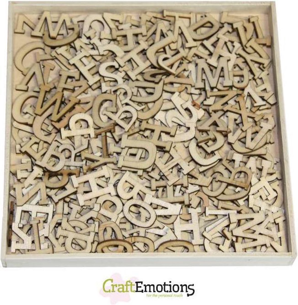 CraftEmotions Houten ornamenten - Alfabet klein 250 assorti  - box 10.5 x 10.5 cm