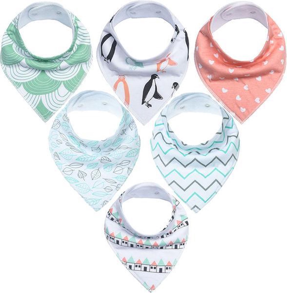 JillyBee - Slab - Slabbetje - Slabber - Bandana - 6pack - Pinguin - Huisjes - Hartjes - ZigZag - Blaadjes - Mintgroen - Roze - Wit - Zwart - Groen