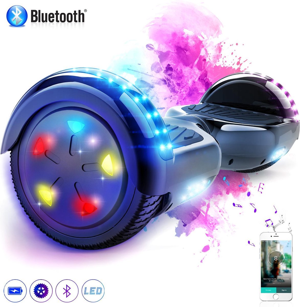 Evercross Hoverboard 6.5 Inch | Flits Wielen | Bluetooth Speaker | LED verlichting | Zwart
