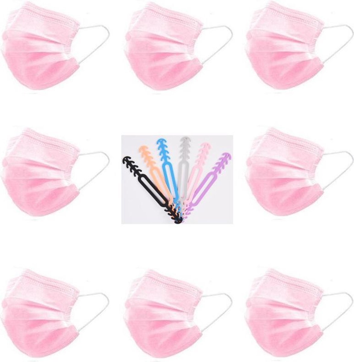 Roze Wegwerp Mondmaskers | 100 Gekleurde Mondkapjes | Met 6 Earsavers Mixed Kleuren | 3 Laags | Hoogste Kwaliteitsgarantie