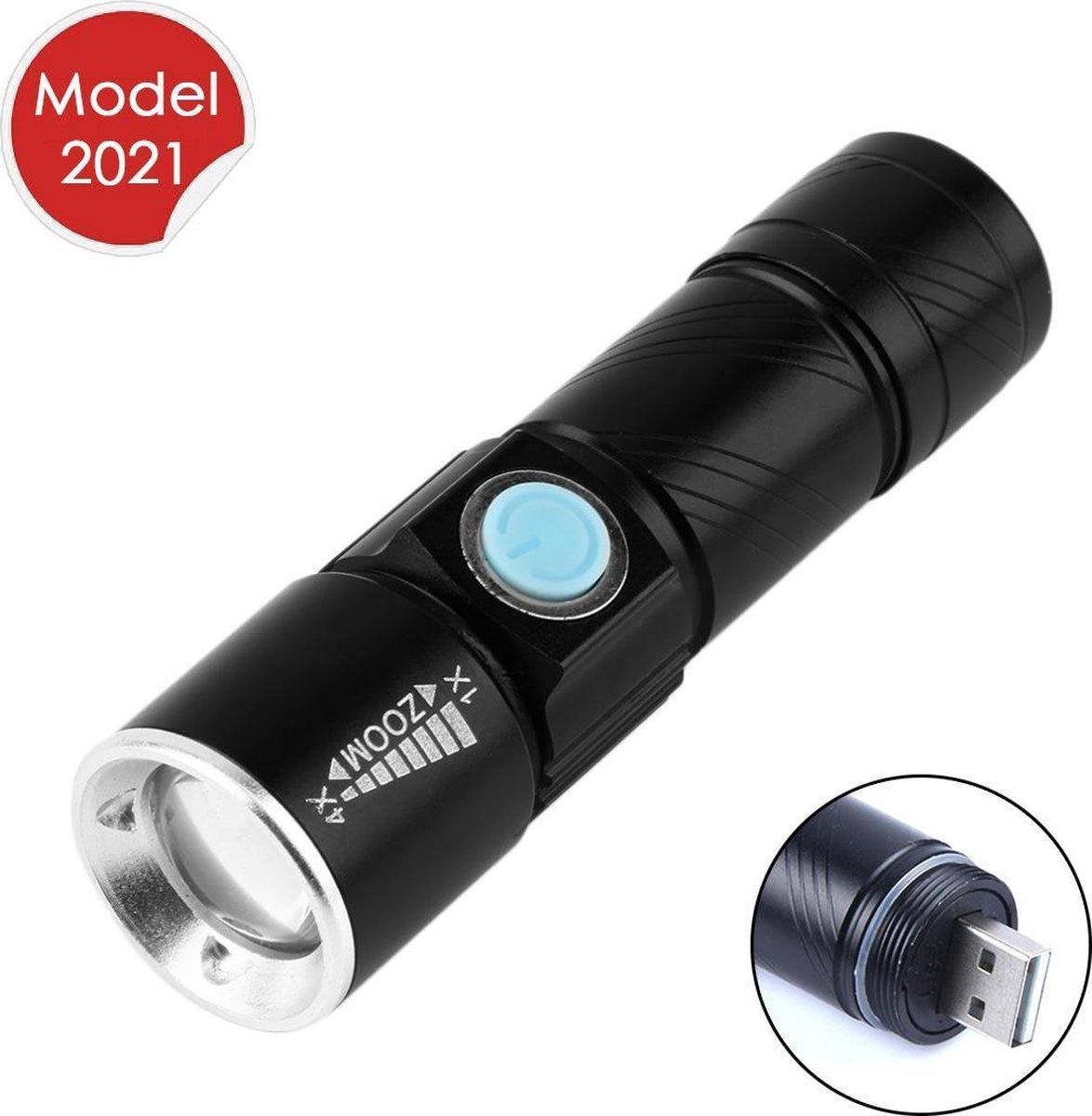 Creartix - Oplaadbare USB LED Zaklamp - 800 Lumen - Met Zoom - Waterbestendig - Zonder batterijen - Zwart