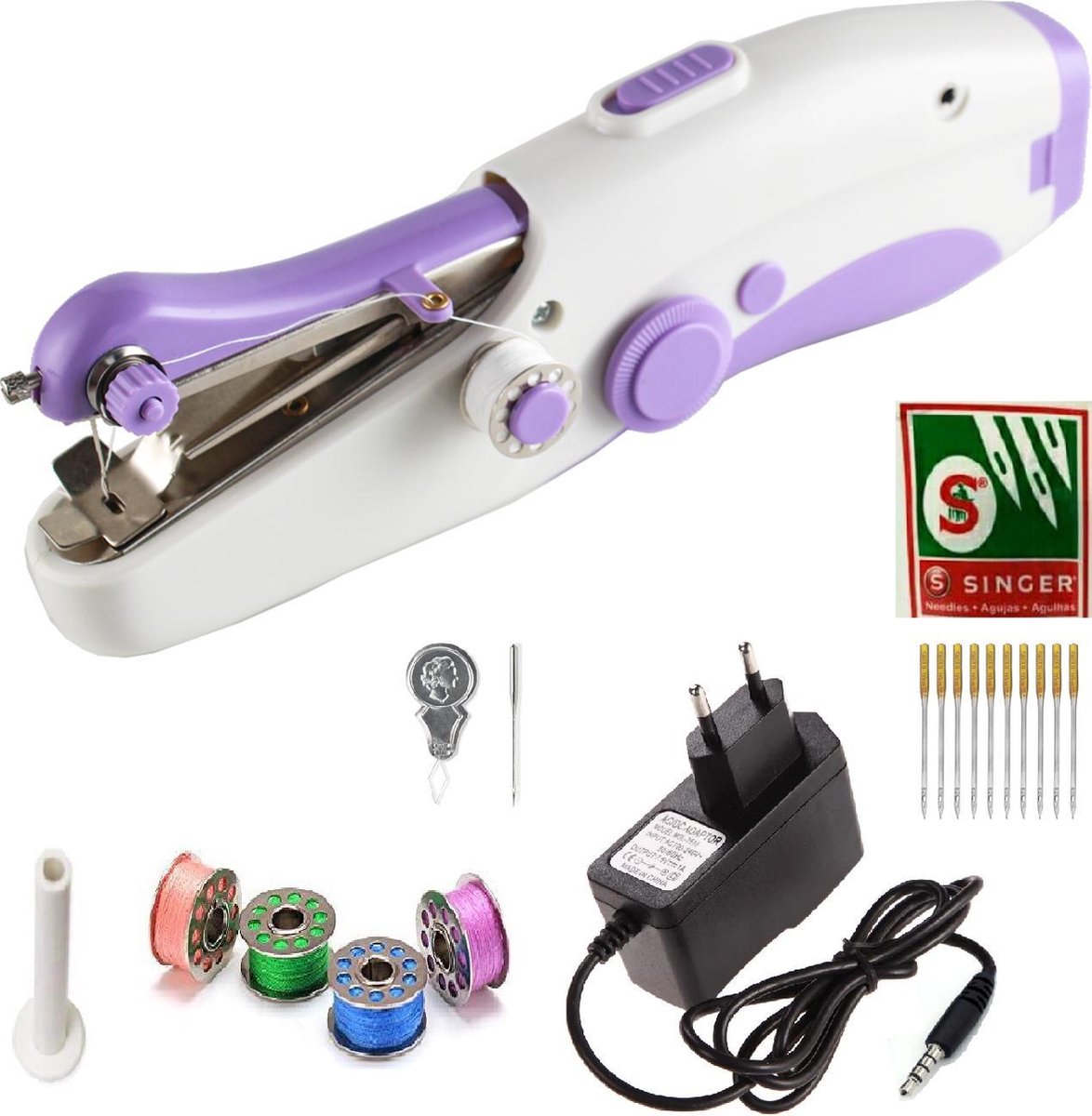 Deluxe Stitcher Pro -- PREMIUM Handnaaimachine met Adapter + 11 Reserve naalden en accessoires -- Mini naaimachine - Compact - Draadloos - Draagbare Reis Hand Naaimachine - Elektrisch of op Batterijen