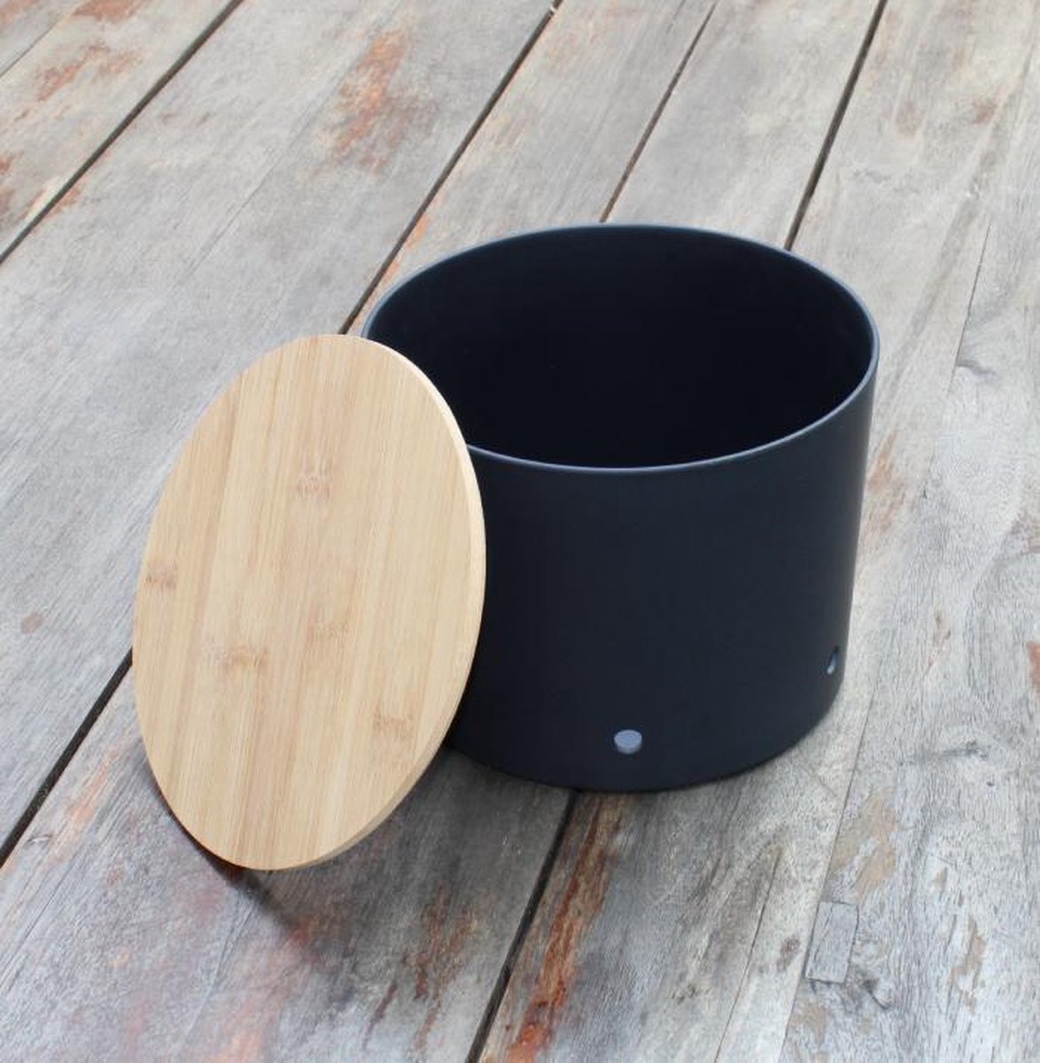 Bamboecomposite - zwart opbergpot met bamboehouten deksel