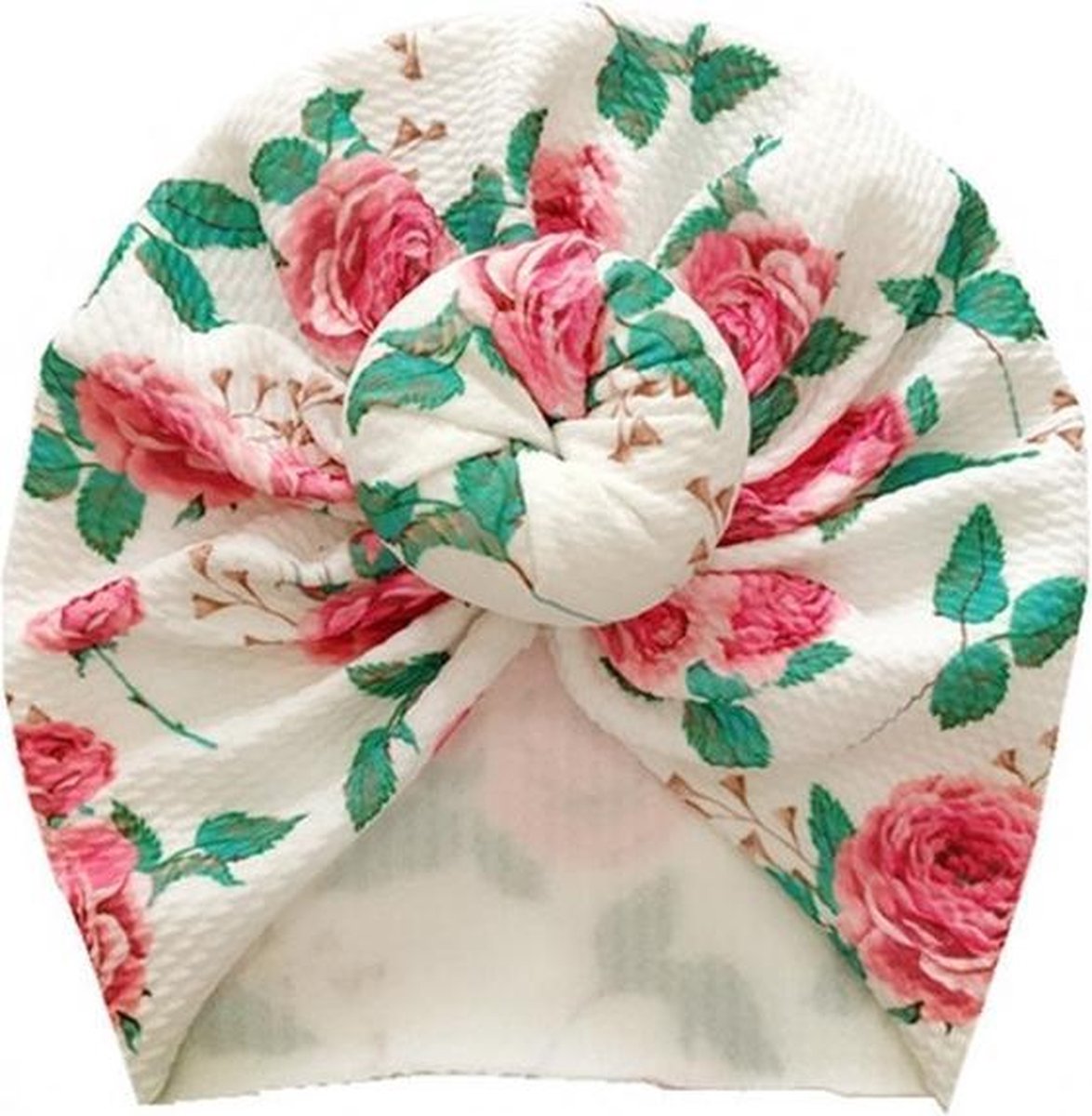 Baby Haarband -Baby Tulband - Baby Haaraccessoires Meisje - 0 tot 12 maanden Wit Met Rozenprint