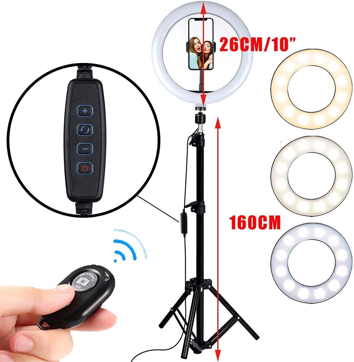 Selfie ring light met telefoonhouder - ring 26 cm doorsnede - met driepoot statief - 160 cm hoog - 3 verschillende kleuren licht en 10 niveau's helderheid - inclusief bluetooth afstandsbediening - foto's en filmpjes - vloggen - TikTok -
