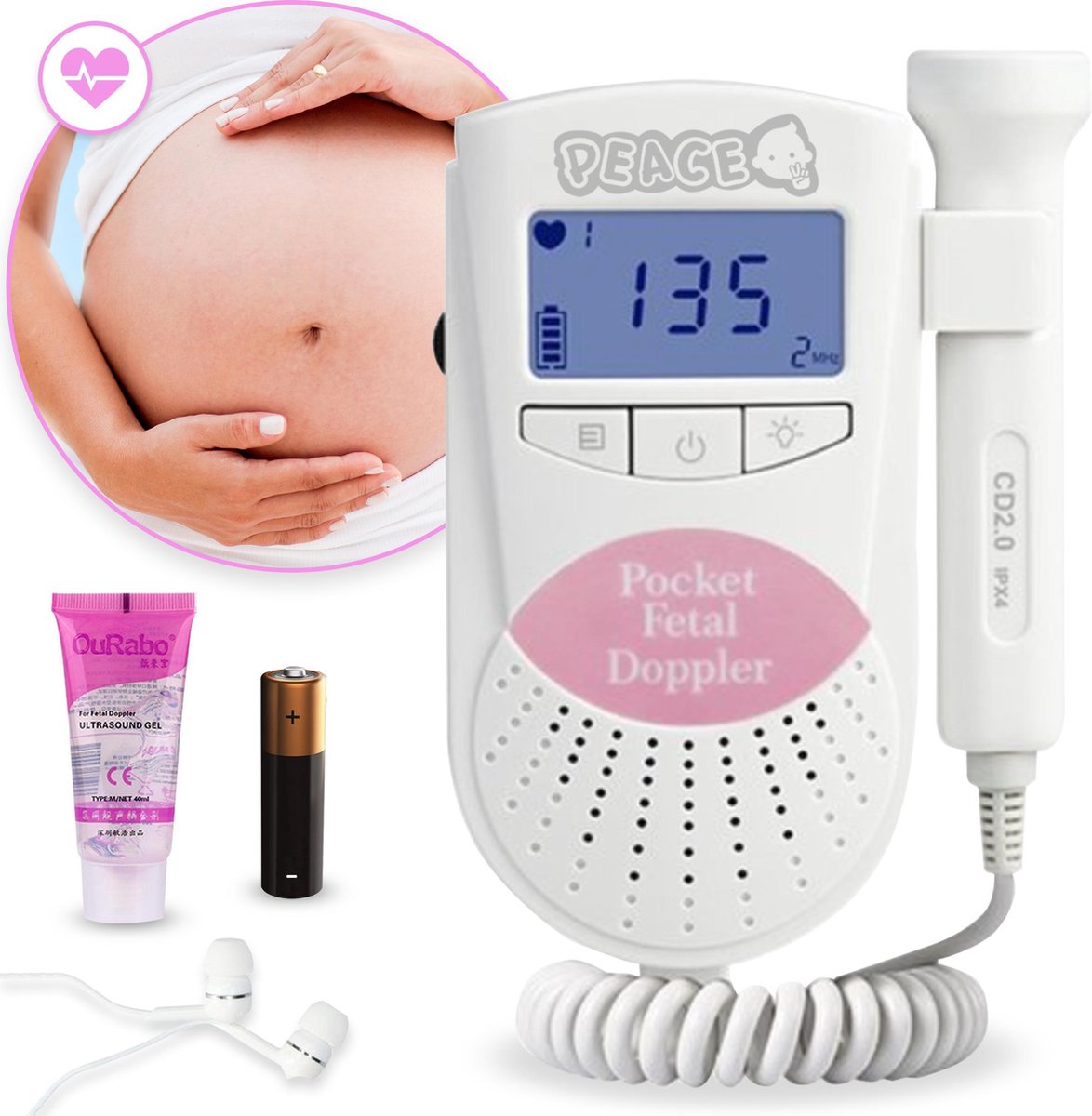 PEACE® Doppler – Baby Hartje Monitor – Hartslag Meter - Roze - Inclusief Ultrasound gel
