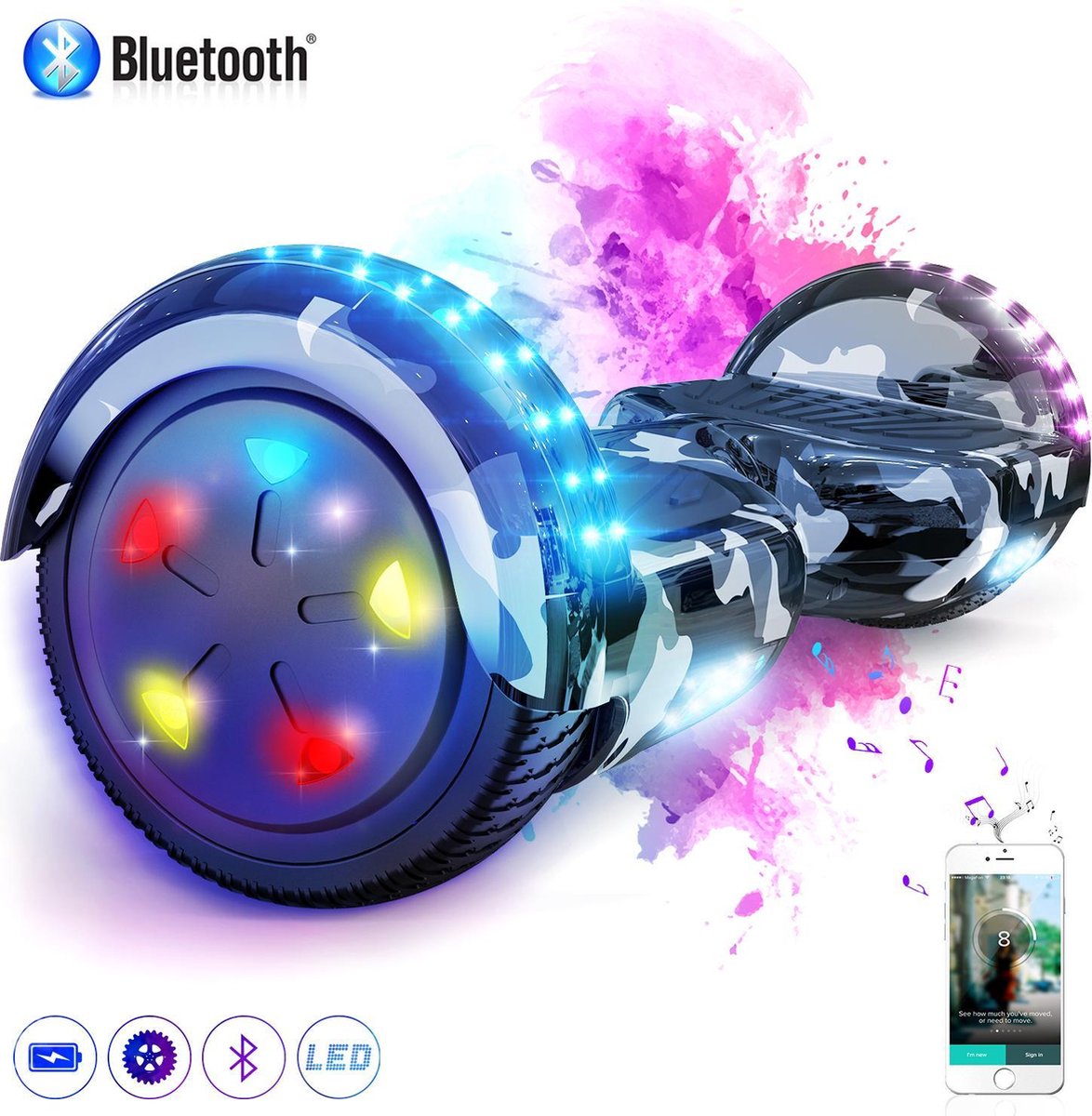 Evercross Hoverboard 6.5 Inch | Flits Wielen | Bluetooth Speaker | LED verlichting | Camouflage