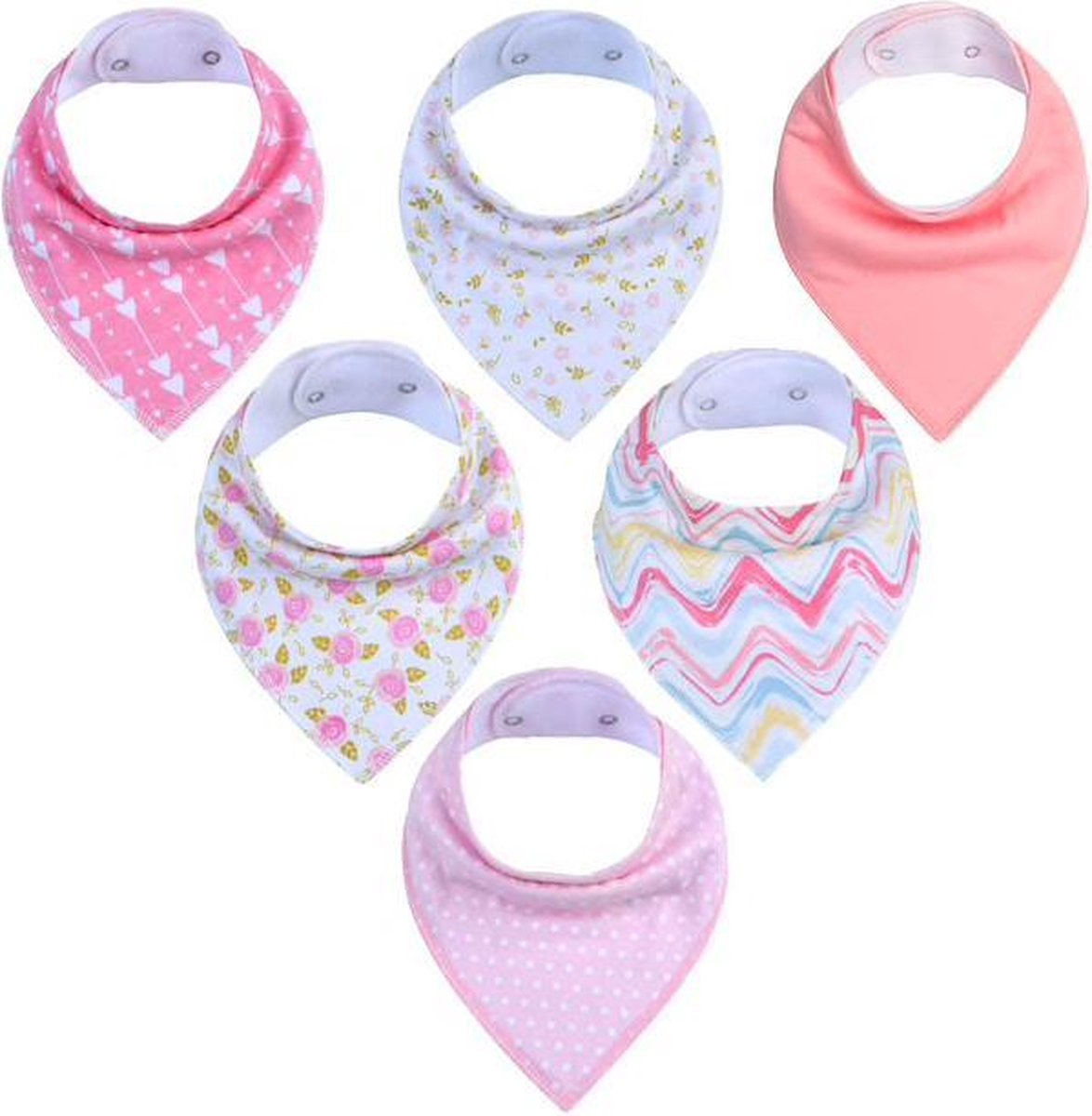 JillyBee - Slab - Slabbetje - Slabber - Bandana - 6pack - Hartjes - Bloemen - Roze - Wit