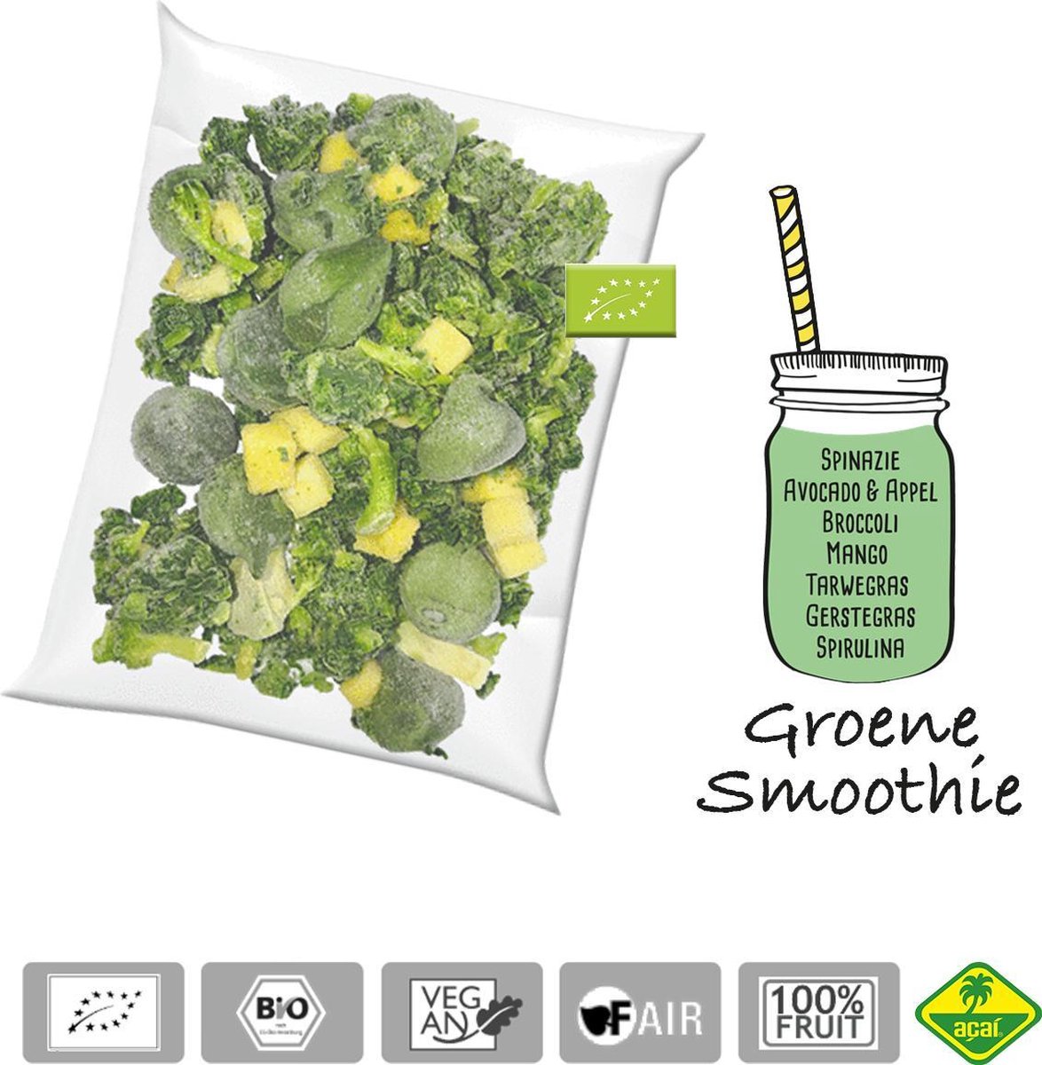 Groene smoothie BIO - Bevroren smoothie pack - Acai fine fruits club - 4