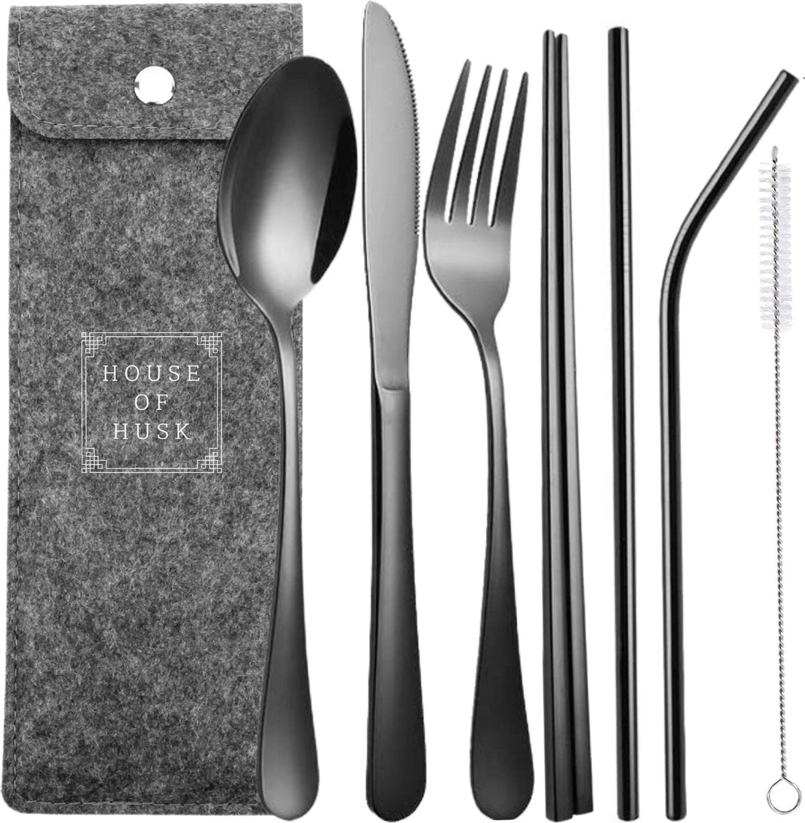 House of Husk™ - Zwart Reisbestek - RVS - Reis Bestekset - Eetstokjes - Chopsticks - Herbruikbare Rietjes met borstel - Eenpersoons - 7 Delig - Vaatwasserbestendig - Sushi Chopsticks - Noodles