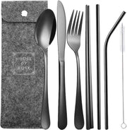 House of Husk™ - Zwart Reisbestek - RVS - Reis Bestekset - Eetstokjes - Chopsticks - Herbruikbare Rietjes met borstel - Eenpersoons - 7 Delig - Vaatwasserbestendig - Sushi Chopsticks - Noodles