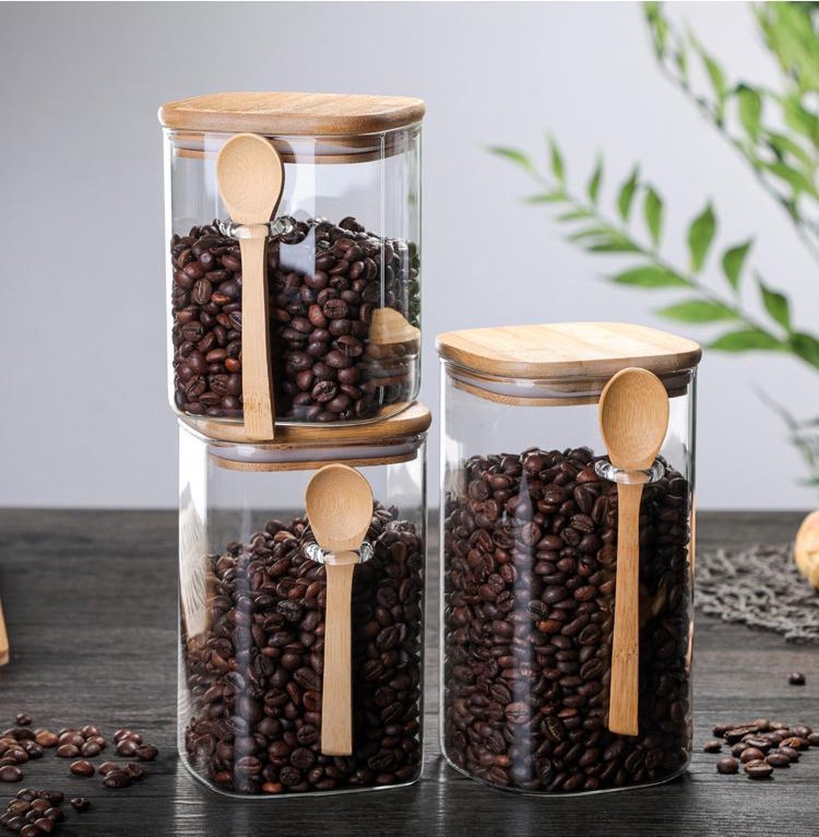 Glazen voorraadpot set 3 stuks met lepel - Opbergpot - Luchtdicht - Bamboe hout
