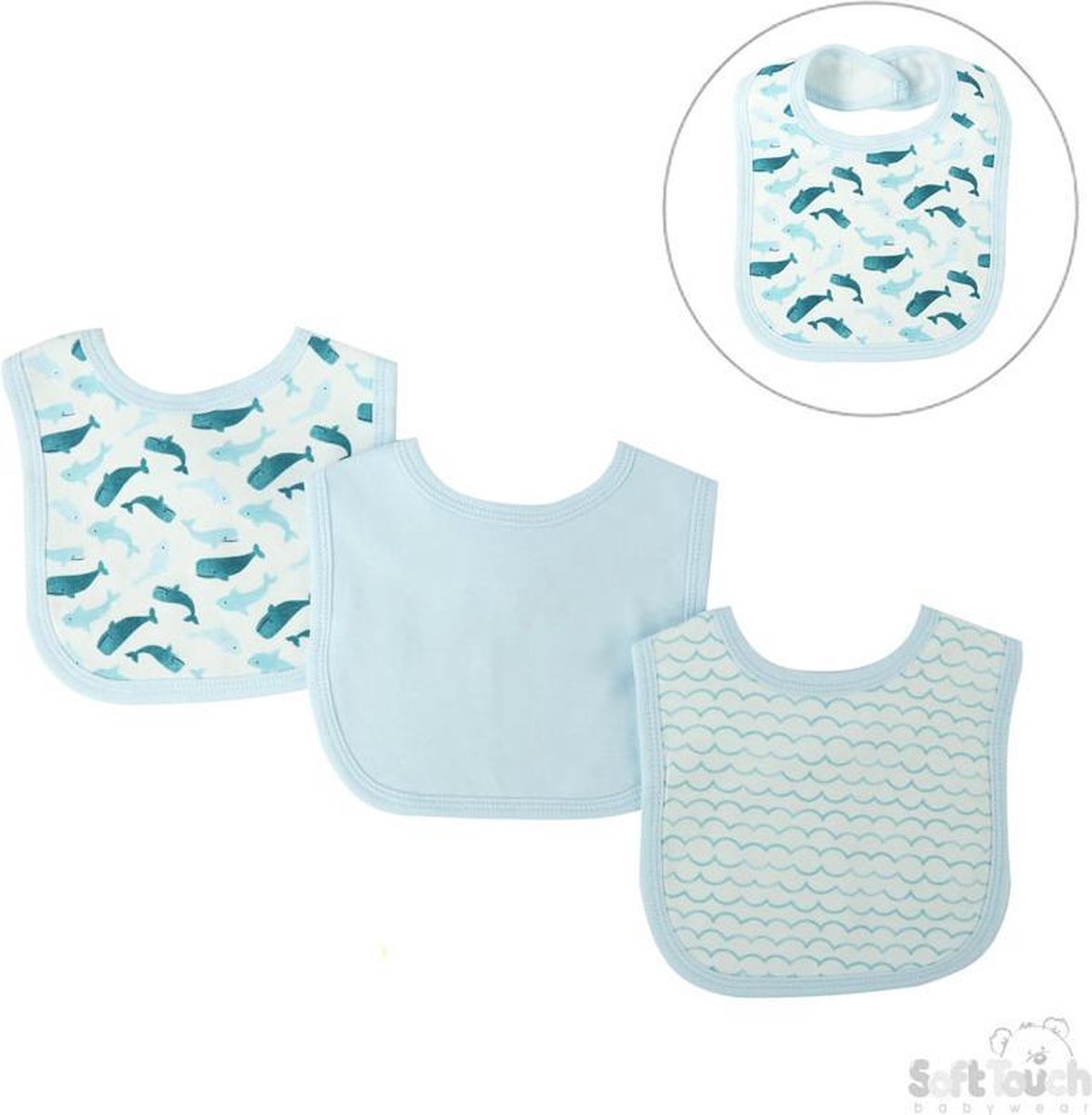 Soft Touch Slabbetjes Whale 30 X 38 Cm Katoen Blauw/wit 3 Stuks