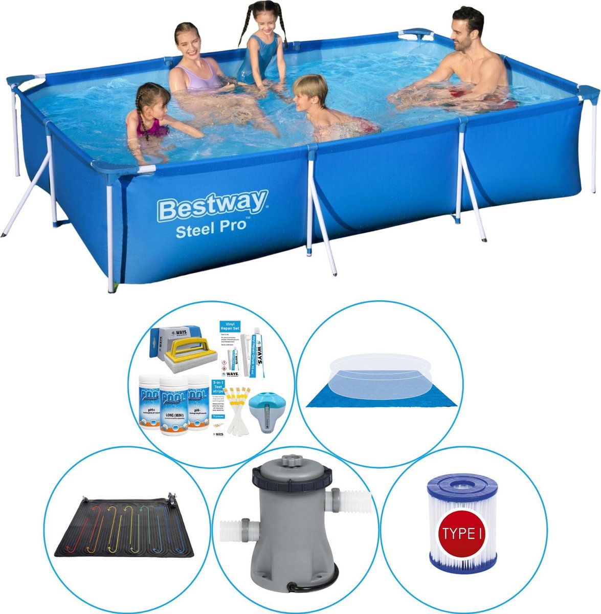 Bestway Steel Pro Rechthoekig 300x201x66 cm - 6-delig - Zwembad Combi Deal