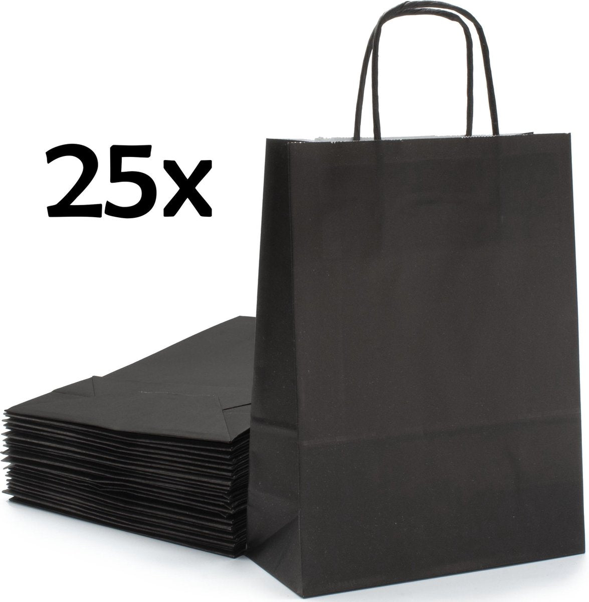 PrimeAmbition Kraft Papieren Tasjes Met Handvat – 25 Stuks – Zwart – 18 x 8 x 24 cm – Papieren Zakjes - Gift Bag – Geschenktas – Cadeautasjes – Cadeauzakjes – Cadeau Tas