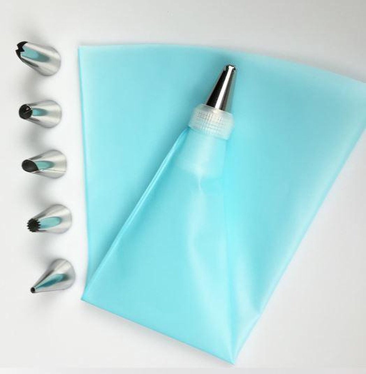 Silicone spuitzak blauw met 6 RVS decoratie tips