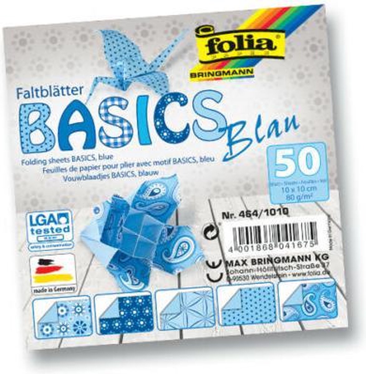 Vouwbladen 10x10cm 80g 10x5 ass. basics blauw