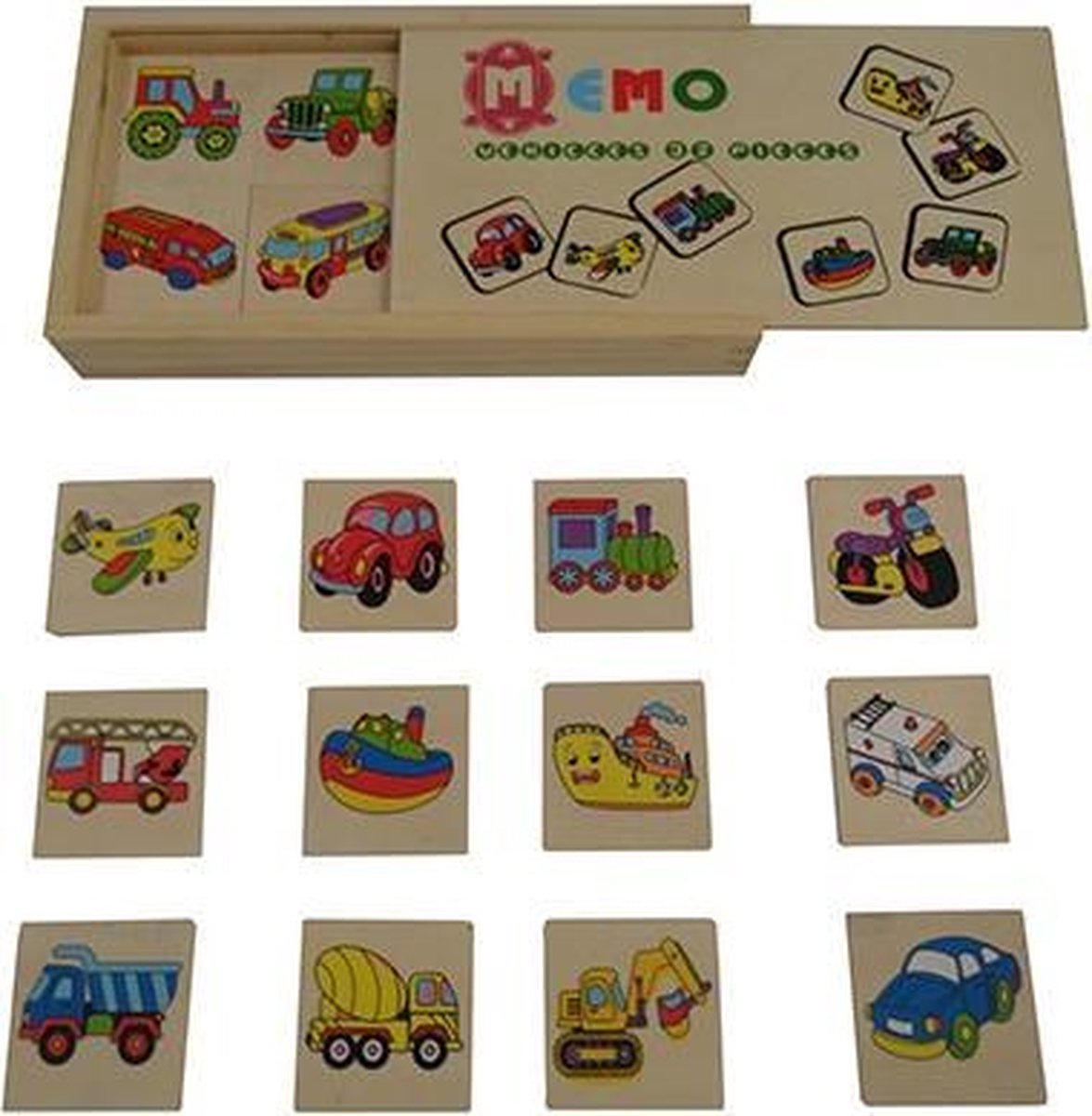 Houten memo geheugenspel - Voertuigen 32 stuks