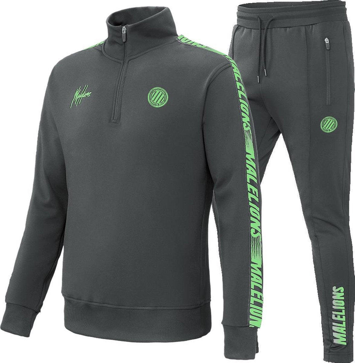 Malelions Sport Quarterzip Tracksuit - Antraciet/Neon Green- M