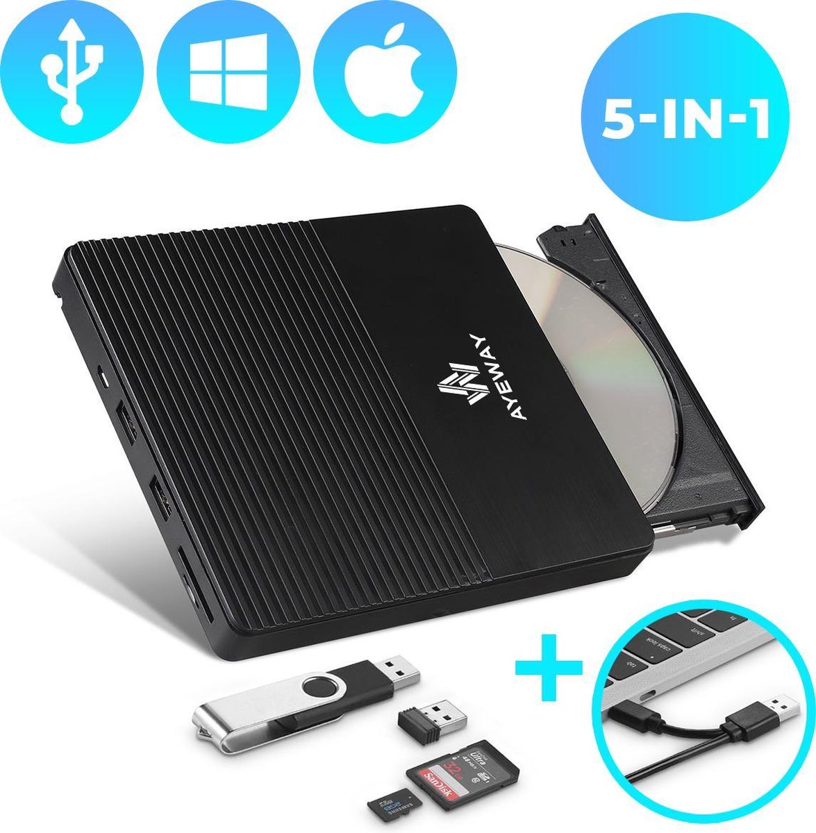AyeWay Externe DVD/CD Speler en Brander voor Laptop & Mac iOS - USB 3.0 & USB C Aansluiting - Plug & Play - met SD Kaartsleuf & 2 USB Poorten