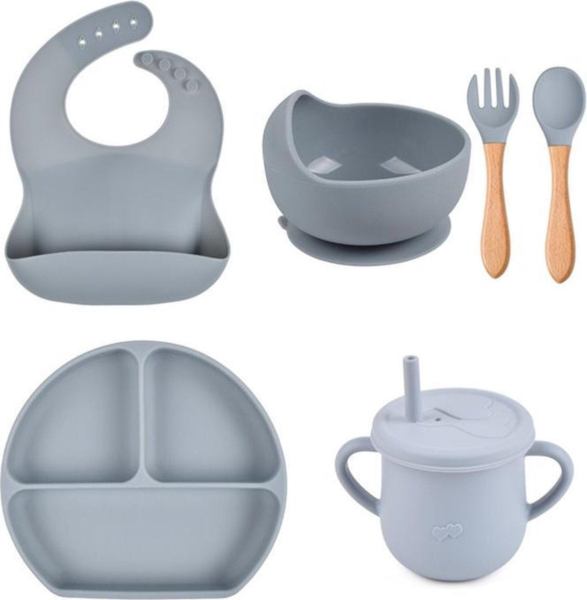 Baby Siliconen 6-delig / kinderservies voor Baby / Peuter  / Jongen / Meisje  / Plaat - Kom -Slabbetje - Beker - Lepel & Vork