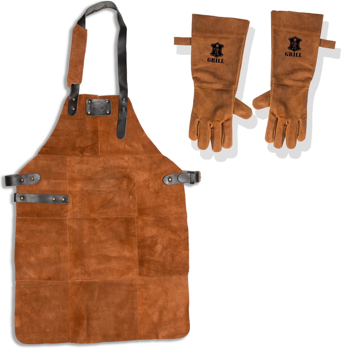Leren Schort Suede + Handschoenen | LICHT BRUIN (Cognac) | BBQ Schort - Lederen Kookschort – Man - 81 x 56 cm