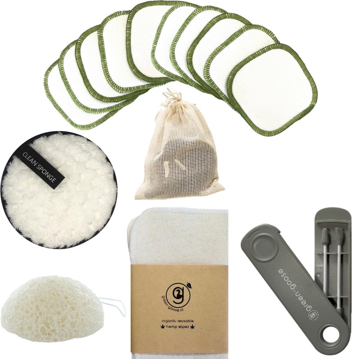 green-goose | 10 XL Make-Up Remover Pads | 3 Gezicht Reinigingsdoekjes | Wattenstaafjeset | Mega Pad | Kognac Sponsje | Cognac Spons | Waszakje | Gezicht L