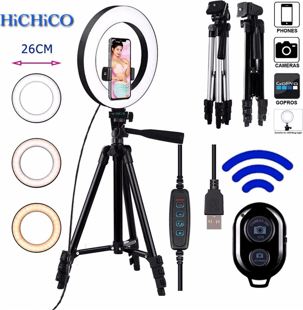 Selfie Light Ring 26 Cm Inclusief Smartphone Tripod Camera Statief 102 Cm Zwart met Telefoonhouder En Bluetooth Remote shutter – HiCHiCO