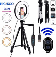 Selfie Light Ring 26 Cm Inclusief Smartphone Tripod Camera Statief 102 Cm Zwart met Telefoonhouder En Bluetooth Remote shutter – HiCHiCO