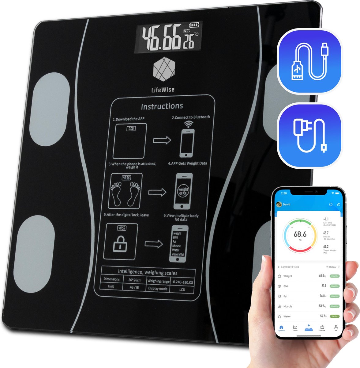 LifeWise SMART Bluetooth Weegschaal - Personenweegschaal Met Lichaamsanalyse - USB Oplaadbaar - Smartphone App - iOS & Android