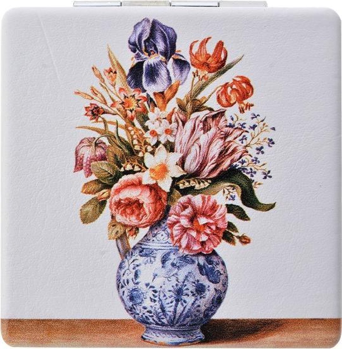 Een onmisbaar handig zakspiegeltje. Aan de binnenkant bevinden zich twee spiegels waarvan één vergrootspiegel. De spiegelglazen geven een mooi helder beeld en ze vervormen niet. Een afbeelding van een vaas met bloemen. Voor uzelf of Bestel Een Kado